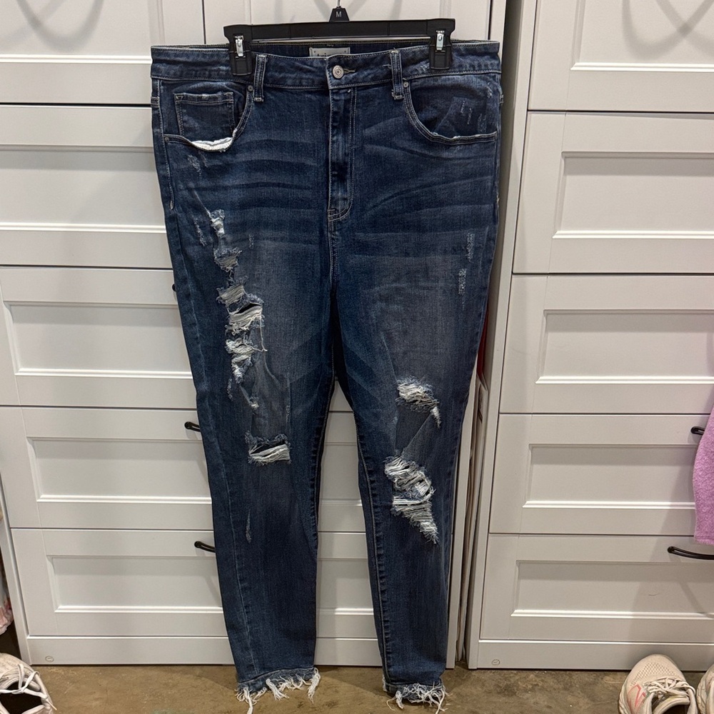 Dark Blue Distressed Ankle Jeans